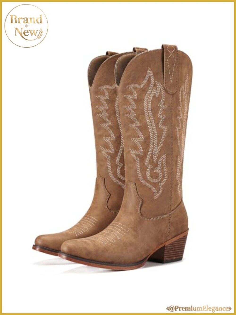 Western Cowgirl Boots Snip Toe Mid Calf Chunky Heel Vine Embroidery